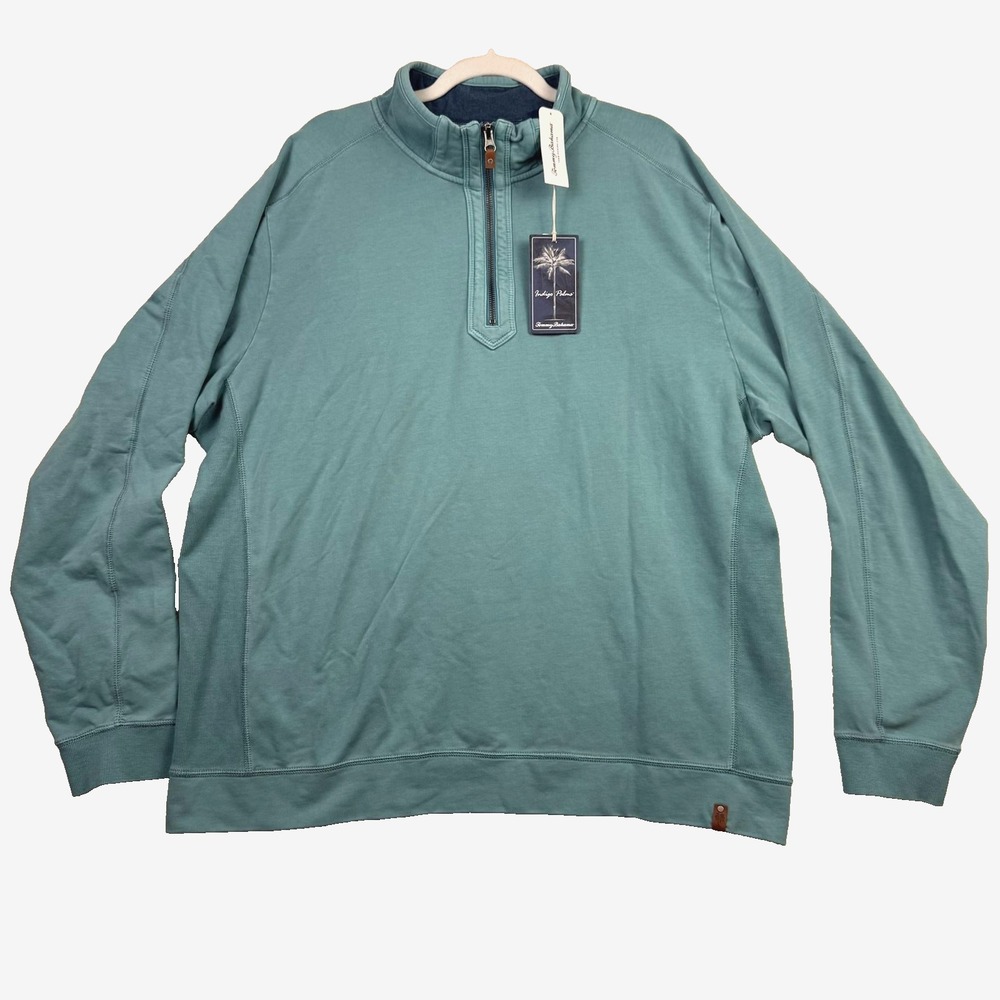 Tommy Bahama Sweater Mens 2XL Blue Ben and Terry Half‎ Zip Pullover Stretch Knit